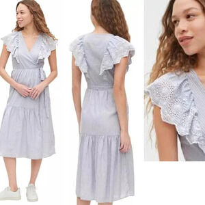 New! GAP Blue White Striped Flutter Sleeve Midi Wrap Dress - 22478